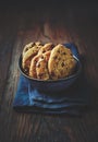 Chocolate chip cookies in a blue ceramic bowl Royalty Free Stock Photo