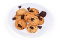 Chocolate chip cookies and broken chocolate pieces on white dish Royalty Free Stock Photo