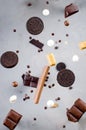 Chocolate chip cookies and candy falling Royalty Free Stock Photo