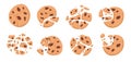 Chocolate chip cookies. Cartoon bitten broken sweet bakery with crumbs, pieces of round sweets. Vector desserts isolated Royalty Free Stock Photo