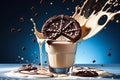 Chocolate Chip Cookies Cascading Down, Colliding with a Dynamic Splash of Milk: Chips Dispersing in Agitation