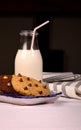 Chocolate Chip Cookies Ceramic Tray Milk Bottle Straw Royalty Free Stock Photo