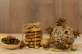 Chocolate chip cookies. Cinnamon sticks, cardamom and star anise. Royalty Free Stock Photo