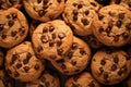 Chocolate chip cookies close up, top view. Homemade pastries background. AI generated