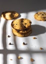 Chocolate chip cookies and crumbs on white background under the sunshine in front of the window. Royalty Free Stock Photo