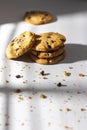 Chocolate chip cookies and crumbs on white background under the sunshine in front of the window. Royalty Free Stock Photo