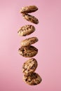 Chocolate chip cookies falling in stack Royalty Free Stock Photo