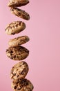 Chocolate chip cookies falling in stack Royalty Free Stock Photo