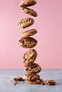 Chocolate chip cookies falling in stack Royalty Free Stock Photo