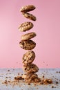 Chocolate chip cookies falling in stack Royalty Free Stock Photo