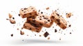 Chocolate chip cookies with flying pieces isolated on white background, clipping path included Generative AI Royalty Free Stock Photo