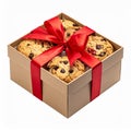 Chocolate Chip Cookies in Gift Box with Red Ribbon on White Background Royalty Free Stock Photo