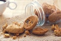 Chocolate chip cookies in glass jar on sack and coffee on wooden Royalty Free Stock Photo