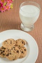 Chocolate chip cookies and glass of milk Royalty Free Stock Photo