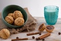 Chocolate chip cookies and glass of milk in background. baking nuts with chocolate and cinnamon Royalty Free Stock Photo