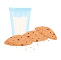 Chocolate chip cookies glass milk white background. Snack time concept sweet dessert dairy product Royalty Free Stock Photo