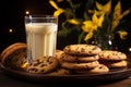 chocolate chip cookies and glass of milk on a wooden plate on a dark background with yellow daffodils banco de imagens