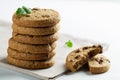 Stack of biscuits with copy space. Chocolate chip cookies