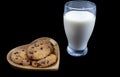 Chocolate chip cookies on a heart shaped plate with a glass of fresh milk on black background