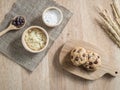 Chocolate chip cookies and ingredient on wooden table Royalty Free Stock Photo