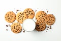 Chocolate chip cookies and milk on white background top view Royalty Free Stock Photo