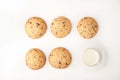 Chocolate chip cookies with milk on the white background top view Royalty Free Stock Photo