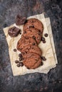 Chocolate chip cookies on rusty metal baking sheet Royalty Free Stock Photo