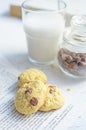 Chocolate chip cookies served with milk on rustic background