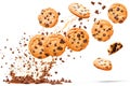 Chocolate chip cookies with splashes isolated on white background. Generative AI Royalty Free Stock Photo