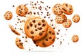 Chocolate chip cookies with splashes isolated on white background. Generative AI Royalty Free Stock Photo