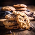 Chocolate chip cookies on a wooden background. Selective focus.