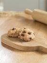 Chocolate chip cookies on wooden tray Royalty Free Stock Photo