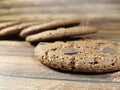 Chocolate chip cookies on a woodenn rustic table calories homemade desser Royalty Free Stock Photo