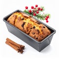 Chocolate Chip Loaf Cake in Baking Pan with Cinnamon and Berries Royalty Free Stock Photo