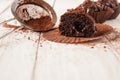 Chocolate chip muffin in brown wax paper. Unwrapped. Cocoa powder in the background Royalty Free Stock Photo