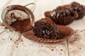 Chocolate chip muffin in brown wax paper. Unwrapped. Cocoa powder in the background Royalty Free Stock Photo