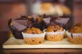 Chocolate chip muffins on cutting board Royalty Free Stock Photo