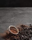 Chocolate chips, cocoa powder. Copy space. Vertical photo