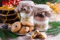 Chocolate chips cookie mix in glass jar Royalty Free Stock Photo