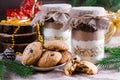 Chocolate chips cookie mix in glass jar Royalty Free Stock Photo