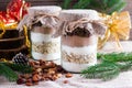 Chocolate chips cookies ingredients in a glass jar. Christmas concept Royalty Free Stock Photo