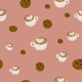 Seamless pattern. Chocolate chips cookies and latte art coffee with a heart shape latte art on pink background. Illustration. Royalty Free Stock Photo