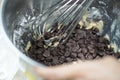 Chocolate chips ingredient in bowl for baking cookies Royalty Free Stock Photo