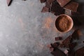 Chocolate chunks and cocoa powder. Chocolate bar pieces. A large bar of chocolate on gray abstract background. Royalty Free Stock Photo