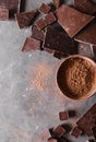 Chocolate chunks and cocoa powder. Chocolate bar pieces. A large bar of chocolate on gray abstract background. Royalty Free Stock Photo
