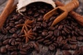 Chocolate, cinnamon sticks  and coffee beans on wooden background Royalty Free Stock Photo