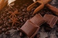 Chocolate, cinnamon sticks  and coffee beans on wooden background Royalty Free Stock Photo