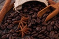 Chocolate, cinnamon sticks  and coffee beans on wooden background Royalty Free Stock Photo