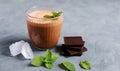 Chocolate cocktail, smoothie with ice, chocolate pieces and mint in a glass glass. Cooling drinks, desserts in the summer heat.
