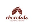 Chocolate, cocoa fruits hang on a branch, logo template. Chocolate cocoa beans, cocoa pod and plant cacao, vector design. Nature a Royalty Free Stock Photo